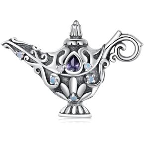 925 Sterling Silver Aladdin Lamp Charm Beads Amethyst Wishing Light Vintage Aladdin Magic Genie Lamp Light Halloween Dangle Pendant for European Bracelet and Necklace for Gift