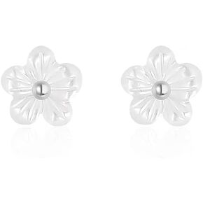 Minimalist Shell Pearl Flower 925 Sterling Silver Tiny Mini Cartilage Stud Earrings for Women Teen Girls Hypoallergenic Dainty Cute Small Floral Daisy Flower Piercing Post Pin Fashion Jewelry Gift Her