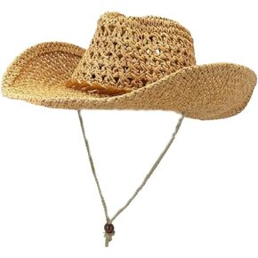 Straw Cowboy Hat for Women Men, Western Cowgirl Sun Hat Summer Beach Hat with Chin Strap Adjustable for Outdoor