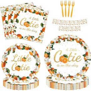 Little Cutie Baby Shower Kit for 24 Guests - 97 Pcs Including Plates, Forks, Napkins, Bunting - Sweet Welcome for the New Arrival