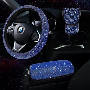 Tzarrot Blue Bling Car Accessories Set for Women, Bling Steering Wheel Cover for Women Universal Fit 15 Inch, Rhinestone Center Console Cover, Bling Gear Shift Cover, Crystal Car Decor Set 3pc