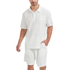 Men's Polo Shirt and Shorts Set Casual Waffle Knit Mens Summer Short Sets 2 Piece Outfits Sleeve Tracksuit