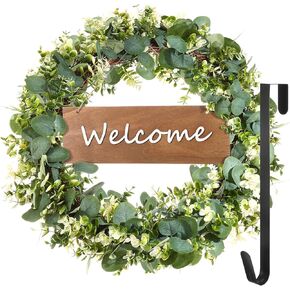 24'' Green Eucalyptus Wreath for Front Door Artificial Eucalyptus Leaf Wreath with Welcome Door Sign and 15'' Metal Wreath Hanger Spring Summer Green Decor for Home, Farmhouse Porch Patio in Saudi Arabia