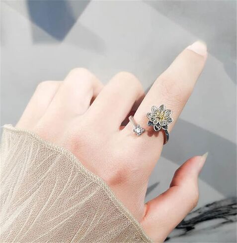 9Pcs Anti Anxiety Ring with Beads Fidget Open Rings Set for Women - Silver Fidget Ring Anti Anxiety Rings for Men Women Adjustable Fidget Rings Stress Relief Stackable Ring (Silver Flower) in Saudi Arabia
