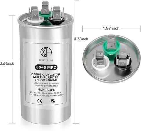 50+5μf 50/5MFD Dual Run Round Capacitor for AC 370 or 440 Volt Air Conditioner Capacitors for Condenser Straight Cool, AC Unit Fan Motor Start, Heat Pump, Air Conditioner, Pool Pump in Kuwait
