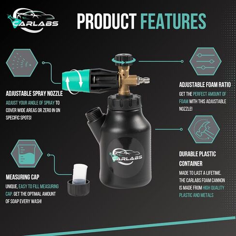 مدفع رغوة Carlabs™ لغسالة الضغط + ملحق صابون مدفع الرغوة - مسدس رغوة غسيل السيارات مع منظف رغوة الثلج للسيارة - بخاخ رغوة سيارة متين مع وصلة توصيل سريعة + ملحقات غسيل السيارة in Saudi Arabia
