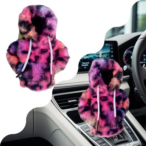 Furry Car Gear Shift Knob Hoodie, Mini Cute Car Shifter Hoodie with Leopard Print, Pink Hoodie Car Gear Shift Cover for Women, Girl Car Decor Accessories (Red) in Saudi Arabia
