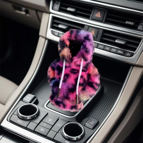 Furry Car Gear Shift Knob Hoodie, Mini Cute Car Shifter Hoodie with Leopard Print, Pink Hoodie Car Gear Shift Cover for Women, Girl Car Decor Accessories (Red) in Saudi Arabia