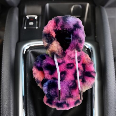 Furry Car Gear Shift Knob Hoodie, Mini Cute Car Shifter Hoodie with Leopard Print, Pink Hoodie Car Gear Shift Cover for Women, Girl Car Decor Accessories (Red) in Saudi Arabia