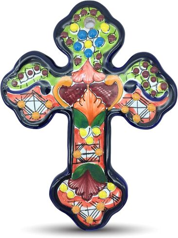 تصميمات Casa Fiesta صليب سيراميك مكسيكي، صليب تالافيرا ملون مرسومة يدويًا على الحائط مزين بالزهور مصنوع يدويًا في المكسيك، كروز متعدد الألوان (6) in Kuwait