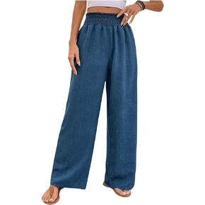 GORGLITTER Women's Wide Leg Linen Palazzo Pants Casual High Waisted Shirred Long Trousers with Pockets