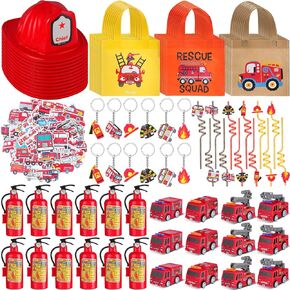 Firefighter Party Supplies for Boys Including Fire Truck Toy Helmets Nonwoven Bag Mini Firemen Squirter Straw Sticker Keychain for Fireman Birthday Party Supplies Gift (24 Sets)