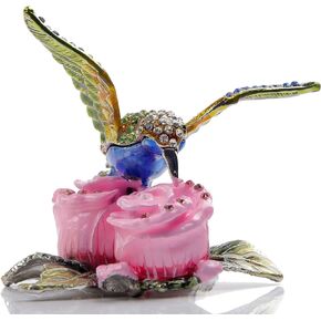 SEVENBEES Decorative Jewelry Boxes for Ring - Hummingbird Figurine Hinged Trinket Box - Hummingbird on Pink Flowers Figurine Collectibles