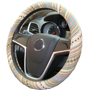 Large Ethnic Style Coarse Flax Cloth Automotive Steering Wheel Cover Anti Slip and Sweat Absorption Auto Car Wrap Cover (15.25''-16'', F)