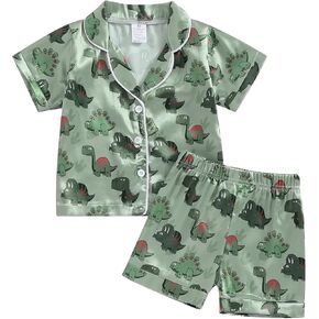 Qiylii Toddler Baby Boy Silk Pajamas Cow/Dinosaur Satin Pajamas Set Short Sleeve Button-Up Top Shorts 2PC PJs Summer in Kuwait
