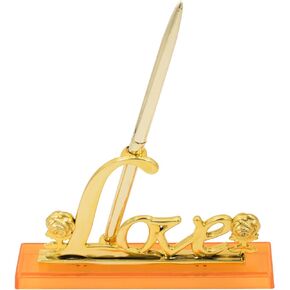 Golden Love & Rose Pen Holder Signing Pen Set for Wedding Bridal Engagement Favors Graduation Opening Ceremony Office Guest Book Accessories Plated Metal Holder with Ballpoint Pen