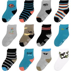 HYzgb 12 Pack Non Slip Kids Toddler Baby Socks with Grips for 1-7 Years Boys Girls Cotton Crew Socks Multi Colors