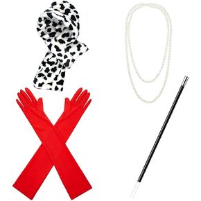 4pcs Dalmatians Costume Spotted Scarf 1920s Gloves Pearl Necklace and Stick for Halloween Black & White Cosplay