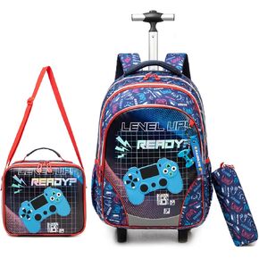 Egchescebo Kids Gamepad Rolling Backpack for Boys Suitcases Trolley Backpacks with Wheels Roller Luggage Backpacks on Wheels with Lunch Box Pencil Case for Elementary Boy Travel Soccer school Bag Blue