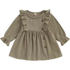 Karuedoo Toddler Baby Girl Dress Cotton Linen Ruffle Long Sleeve Button Dresses Casual Party Sundress Fall Winter Clothes