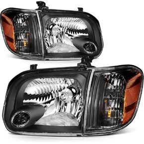 cciyu Headlight Assembly For Toyota Sequoia 2005-2007,For Toyota Tundra Double Cab 4 Door 2005-2006 Black Housing Amber Reflector Clear Lens Headlamps
