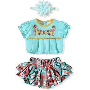HINTINA Infant Baby Girl Mexican Embroidery Floral Shorts Outfits Ethnic Wear Cinco De Mayo Fiesta Clothes Set