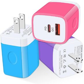 USB C Wall Charger, 2-Ports 20W USB A and USB C Charger Block [PD/QC 3.0], 3Pack USB-C Power Wall Plug Adapter Brick for iPhone 15/14/13/12/11/Pro Max/Mini, iPad/Pro, AirPods, Pixel, Samsung Galaxy