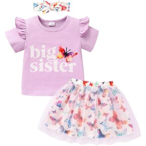 Toddler Baby Kid Girls Big Sister Outfits Short Sleeve T-Shirt Top+Tutu Skirt with Headband Clothing Set