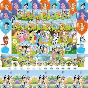 Blue Birthday Party Supplies, Blue Dog Party Decorations Pack Includes Party Backdrop,Banner,Swirls,Cake Topper,Cupcake Topper, Latex Balloons, Tablecloth ，Tableware for 16 Guests in Kuwait