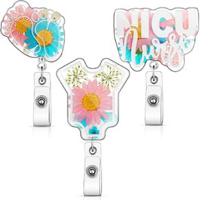 3 Pcs Baby Theme Badge Reel Badge Holder Dried Flower Resin Badge Holders Retractable Nurse Gifts Baby Feet Nurse Badge Reel Nurse Badge Accessories Handmade Badge Clips for Nursing Students Doctor