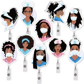 Whaline 10Pcs Black Girl Nurse Badge Reel Holder Retractable Nursing Name ID Clips Cute Badge Holder for Nurse Doctor Medical Health Graduation Hospital Office Worker Gifts
