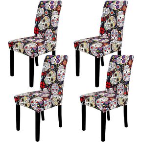 Whaline 4Pcs Halloween Chair Covers The Day of Dead Dining Chair Slipcovers Floral Skull Skeleton Pattern Stretch Elastic Seat Covers for Halloween Party Home Kitchen Hotel Restaurant Ceremony Decor