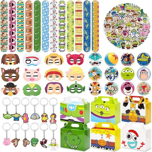 لوازم حفلات أعياد الميلاد - مجموعة هدايا حفلات أعياد الميلاد مكونة من 110 قطعة، تتضمن 12 قناعًا و12 صندوقًا و12 سلسلة مفاتيح و12 سوارًا و12 دبوس زر و50 ملصقًا هدايا لحفلات الأولاد in Kuwait