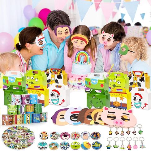 لوازم حفلات أعياد الميلاد - مجموعة هدايا حفلات أعياد الميلاد مكونة من 110 قطعة، تتضمن 12 قناعًا و12 صندوقًا و12 سلسلة مفاتيح و12 سوارًا و12 دبوس زر و50 ملصقًا هدايا لحفلات الأولاد in Kuwait