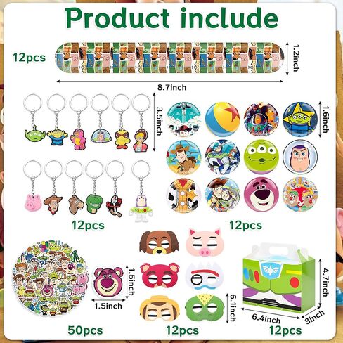 لوازم حفلات أعياد الميلاد - مجموعة هدايا حفلات أعياد الميلاد مكونة من 110 قطعة، تتضمن 12 قناعًا و12 صندوقًا و12 سلسلة مفاتيح و12 سوارًا و12 دبوس زر و50 ملصقًا هدايا لحفلات الأولاد in Kuwait