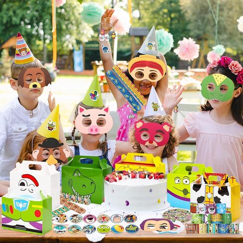 لوازم حفلات أعياد الميلاد - مجموعة هدايا حفلات أعياد الميلاد مكونة من 110 قطعة، تتضمن 12 قناعًا و12 صندوقًا و12 سلسلة مفاتيح و12 سوارًا و12 دبوس زر و50 ملصقًا هدايا لحفلات الأولاد in Kuwait