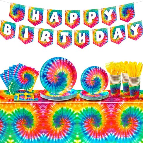 Zonon Tie Dye Birthday Party Decorations, Colorful Birthday Party Supplies Include Tie Dye Tablecloth, Plates and Napkins, Cups, Banner for Birthday Party Decorations(Classic Style) in Saudi Arabia