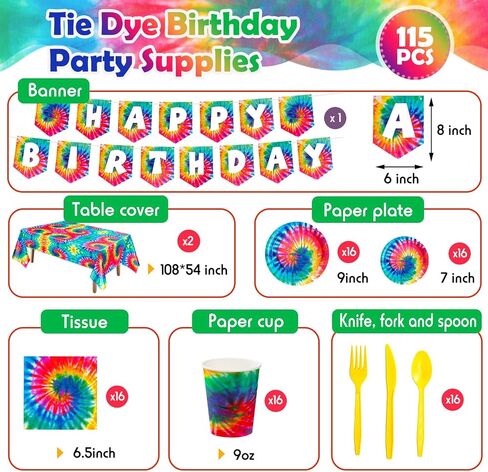 Zonon Tie Dye Birthday Party Decorations, Colorful Birthday Party Supplies Include Tie Dye Tablecloth, Plates and Napkins, Cups, Banner for Birthday Party Decorations(Classic Style) in Saudi Arabia