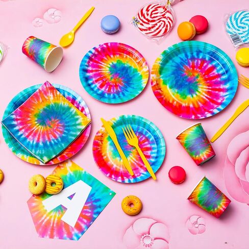 Zonon Tie Dye Birthday Party Decorations, Colorful Birthday Party Supplies Include Tie Dye Tablecloth, Plates and Napkins, Cups, Banner for Birthday Party Decorations(Classic Style) in Saudi Arabia