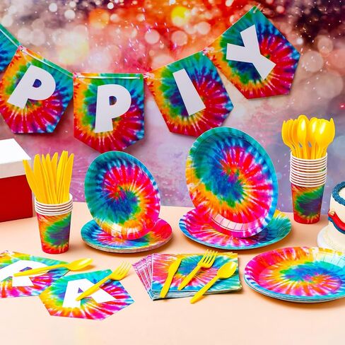 Zonon Tie Dye Birthday Party Decorations, Colorful Birthday Party Supplies Include Tie Dye Tablecloth, Plates and Napkins, Cups, Banner for Birthday Party Decorations(Classic Style) in Saudi Arabia