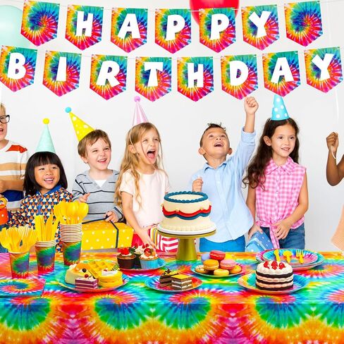 Zonon Tie Dye Birthday Party Decorations, Colorful Birthday Party Supplies Include Tie Dye Tablecloth, Plates and Napkins, Cups, Banner for Birthday Party Decorations(Classic Style) in Saudi Arabia