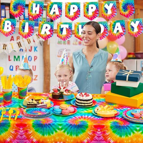 Zonon Tie Dye Birthday Party Decorations, Colorful Birthday Party Supplies Include Tie Dye Tablecloth, Plates and Napkins, Cups, Banner for Birthday Party Decorations(Classic Style) in Saudi Arabia