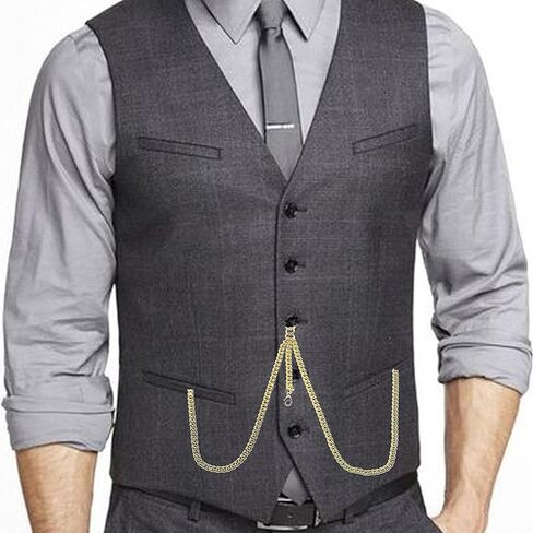 سلسلة ألبرت المزدوجة ساعة جيب ذهبية اللون سلسلة سترة مع مشبك جراد البحر على قطرة وT-Bar 2 مشبك دوار AC01A in Kuwait