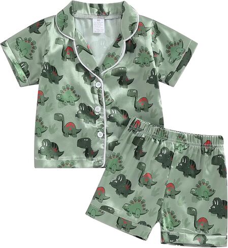 Qiylii Toddler Baby Boy Silk Pajamas Cow/Dinosaur Satin Pajamas Set Short Sleeve Button-Up Top Shorts 2PC PJs Summer in Kuwait