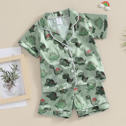 Qiylii Toddler Baby Boy Silk Pajamas Cow/Dinosaur Satin Pajamas Set Short Sleeve Button-Up Top Shorts 2PC PJs Summer in Kuwait