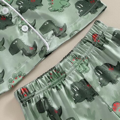 Qiylii Toddler Baby Boy Silk Pajamas Cow/Dinosaur Satin Pajamas Set Short Sleeve Button-Up Top Shorts 2PC PJs Summer in Kuwait