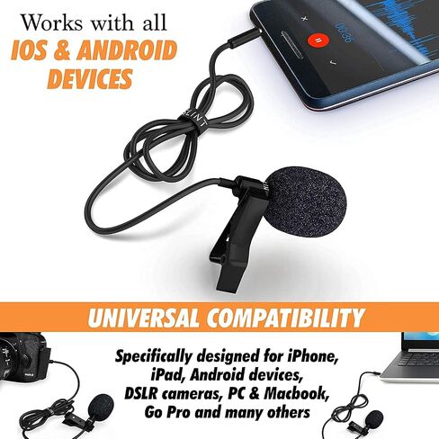 ميكروفون SLINT Lapel مع محول iPhone - ميكروفون بمشبك واحد مع مكثف متعدد الاتجاهات - ميكروفون Lavalier Lapel متوافق مع iPhone وAndroid وGoPro وDSLR - ميكروفون Lav لتسجيل YouTube in Saudi Arabia