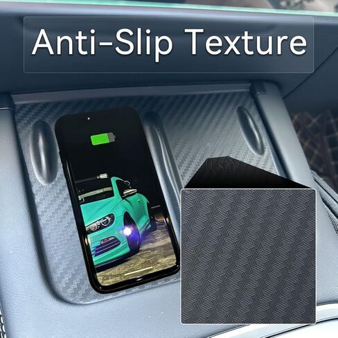 حصيرة شحن لاسلكية لوحدة التحكم المركزية، وسادة سيليكون مقاومة للماء، لمسة نهائية من ألياف الكربون الصناعية المضادة للانزلاق، متوافقة مع طراز Tesla 3 21-23 موديل Y 21-24، ملحقات داخلية 2 حافظة مفاتيح للبطاقة in Kuwait