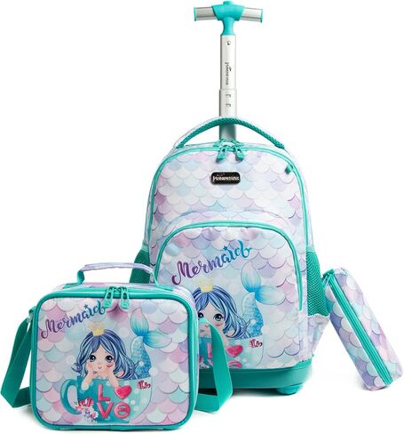 Egchescebo Kids Rolling Backpack للفتيات حوريات البحر أمتعة الأطفال مع عجلات طفل صغير حقيبة سفر حقائب الظهر فتاة طفل الغداء حقيبة الكتب Escolares الابتدائية Mochila con Ruedas para Niñas Green in Kuwait