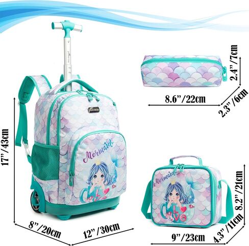 Egchescebo Kids Rolling Backpack للفتيات حوريات البحر أمتعة الأطفال مع عجلات طفل صغير حقيبة سفر حقائب الظهر فتاة طفل الغداء حقيبة الكتب Escolares الابتدائية Mochila con Ruedas para Niñas Green in Kuwait